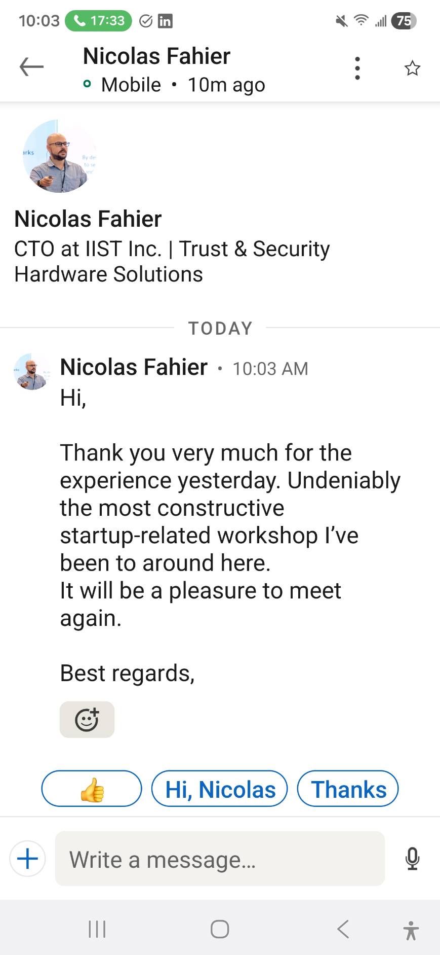LinkedIn message from Nicolas Fahier, CTO at IIST Inc., praising the workshop